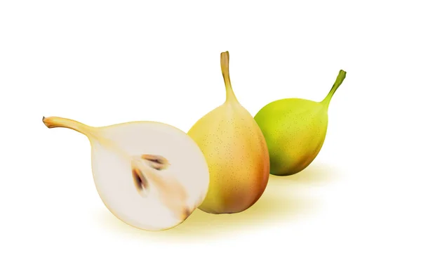 La pera amarilla como fuente de vitaminas y minerales para aumentar la energía y combatir la fatiga y la depresión. Peras y media . — Archivo Imágenes Vectoriales