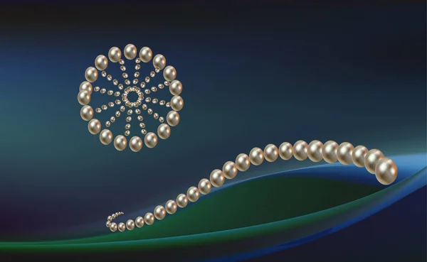 Perline perline metalliche in oro di perle. Tende di seta verde e materiale fluente — Vettoriale Stock