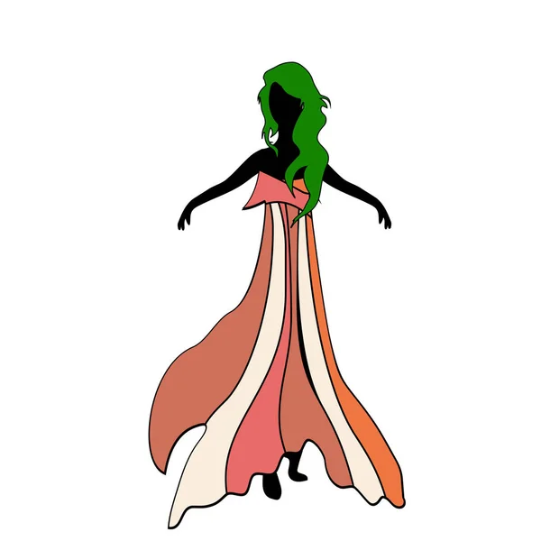 Silhouet meisje model schede jurkje op feestje. Meisje met groene hai — Stockvector