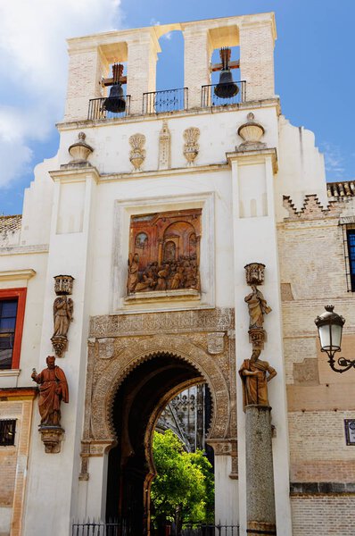 Historic buildings and monuments of Seville, Spain. Architectural details, stone facade and museums. Catedral de Santa Maria de la Sede.