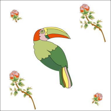 Komik karikatür gökkuşağı Toucan kuş altın kanatlı.