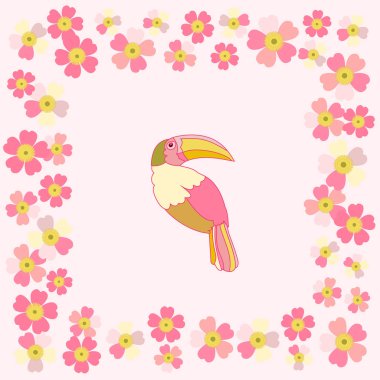 romantik çiçek arka plan. çizgi film gökkuşağı Toucan kuş