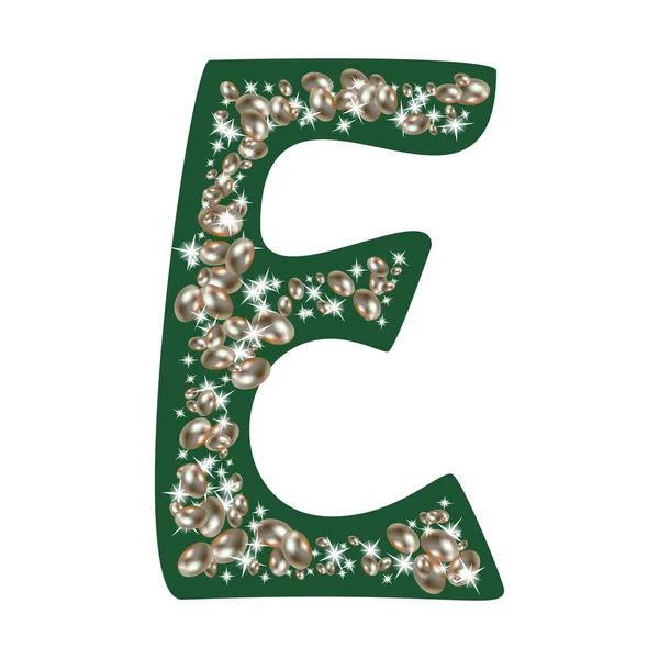 アルファベットの大文字Eは宝石や真珠で飾られています 手紙のための貴重な青と白の真珠 — ストックベクタ