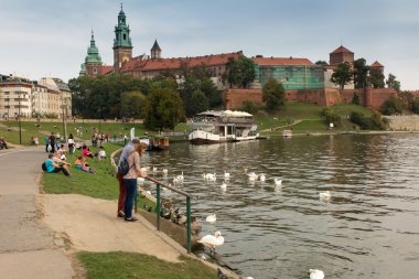 Krakow, Polonya - 2 Ekim 2016: Krakow görünür Wawel royal castle bir Pazar günü öğleden sonra ile Vistula Nehri'nin kıyısında