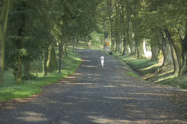 Bir kadın bir ıhlamur sokak yürür 