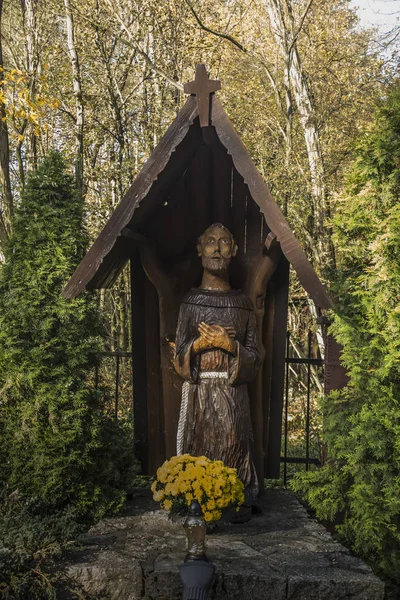 Figura de madeira de São Francisco de Assis na igreja de Miotek — Fotografia de Stock