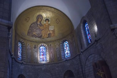 Kudüs, İsrail, 30 Ocak 2020: İsrail 'in Kudüs kentindeki Dormition Abbey' in dekoratif iç mimarisi