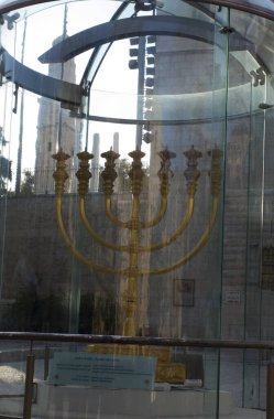 Jerusalem, Israel - January 30, 2020: Golden Menorah in Jerusalem, near Wailing Wall, at night