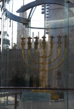 Jerusalem, Israel - January 30, 2020: Golden Menorah in Jerusalem, near Wailing Wall, at night