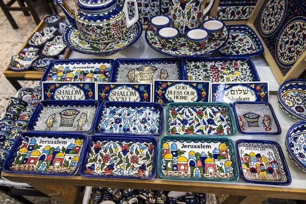 Blue Porcelain Souvenir Stall Old Part Jerusalem Israel — Stock Photo, Image