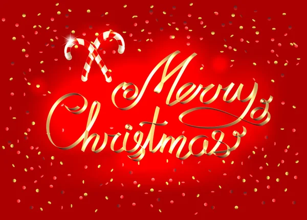 Frohe Weihnachten goldenes Band kalligrafischer Schriftzug über glitzerndem rot hellem Hintergrund mit süßen Zuckerstangen als Feiertagssymbol — Stockvektor