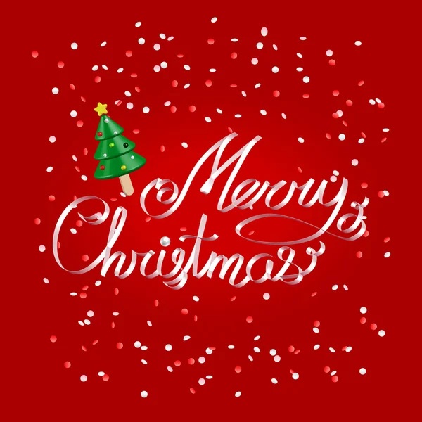 Buon Natale auguri bianco nastro lettering su sfondo rosso festivo con albero di Natale gelato e coriandoli — Vettoriale Stock