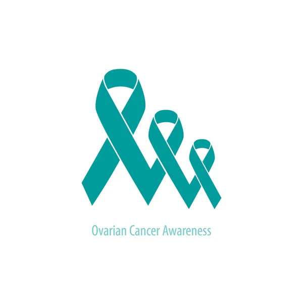 Ovarian Cancer Teal Ribbons flat design: three teal ribbons connected together in decreasing in perspective row — Stock Vector