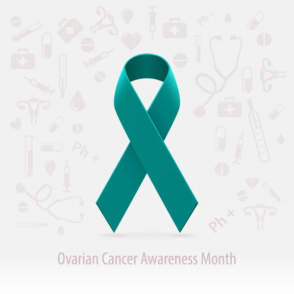 Ovarian Cancer Teal Ribbon con icone mediche e simboli su sfondo chiaro — Vettoriale Stock