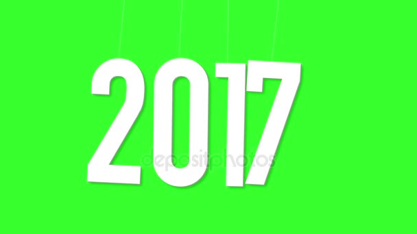 明けましておめでとう！ドロップしぶらぶらと緑の背景の上から薄い弾性バンドのゆらゆら 2 0 1 7 を数字します。2017 到着開口部を閉じたり、フラット リアルな動きのコンピュータ アニメーション — ストック動画