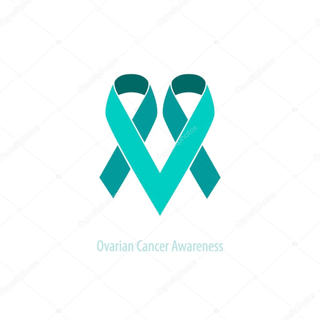 Teal Ribbons Ovarian Cancer Awareness&Support Heart Emblem flat vector design over light background