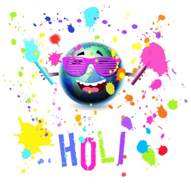 Mutlu komik dünya küre çizgi film maskot gülüyor ve boya renkleri Holi Festival, üzerinde beyaz konsept illüstrasyon izole vektör katılan sıçramasına