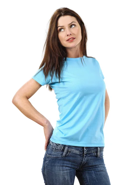 Mujer sexy con camisa azul claro en blanco — Foto de Stock