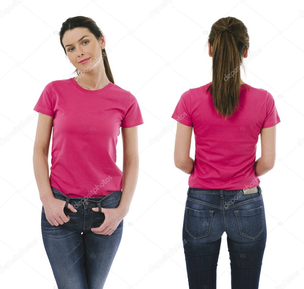 Brunette woman wearing blank pink shirt