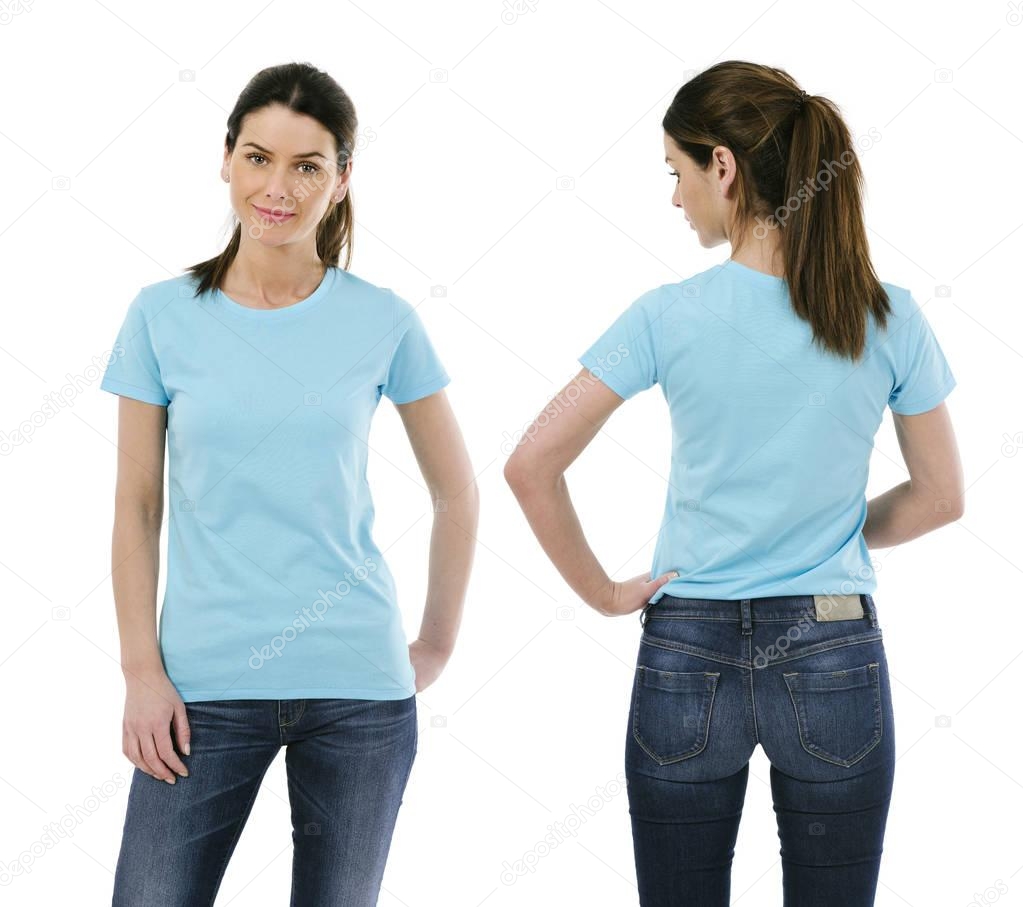 Sexy lady posing with blank light blue shirt