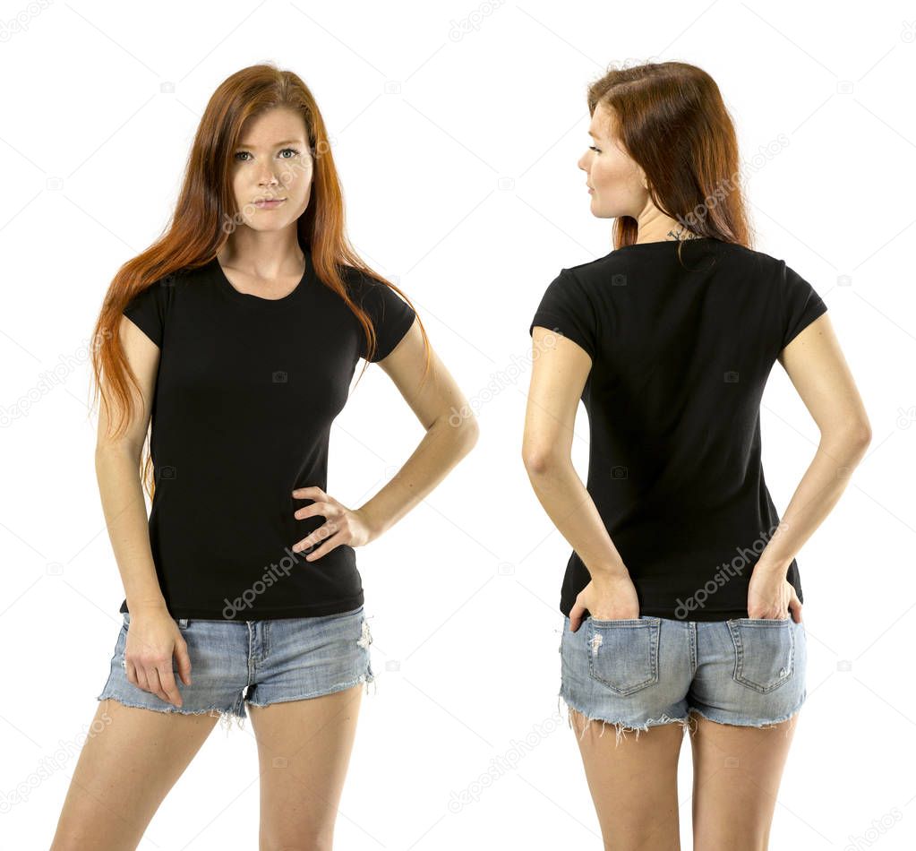 Photo of a young beautiful redhead woman with blank black shirt, front and back. Ready for your design or artwork.