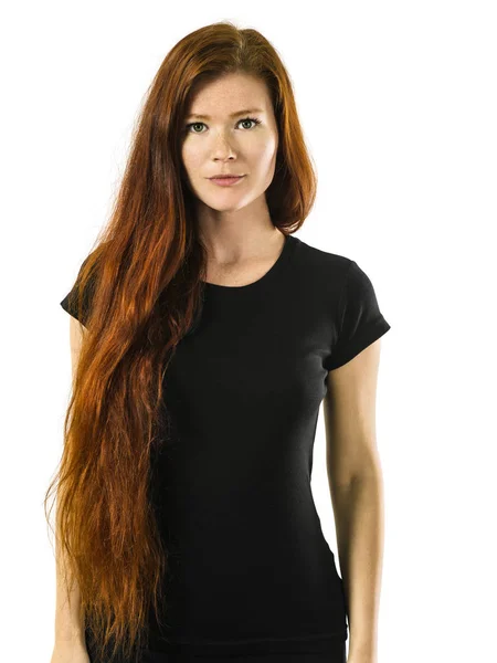 Beautiful redhead wearing blank black shirt — Stockfoto