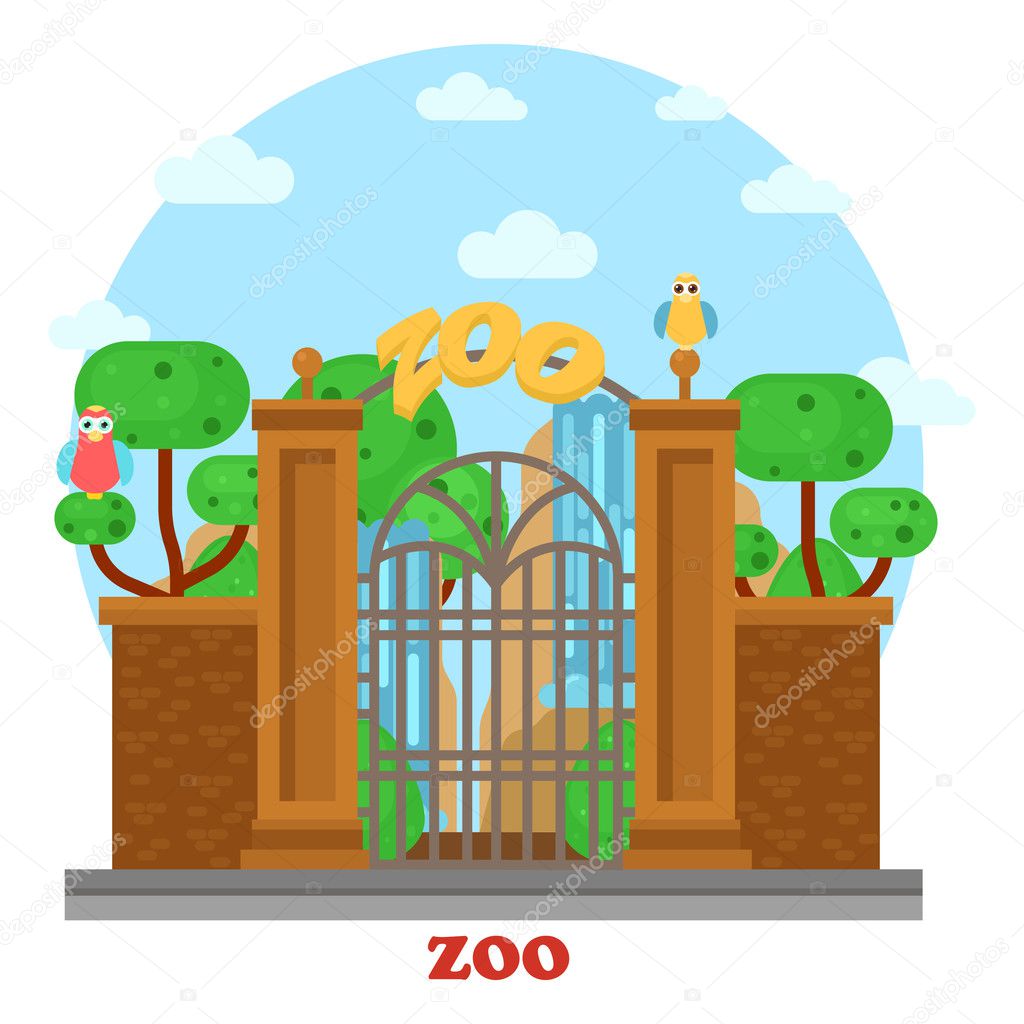 Zoo entrance exterior outdoor street side of view with waterfall and parrots on tree. Building near road for visiting wild animals and wildlife mammals in cages. Urban place for leisure and recreation