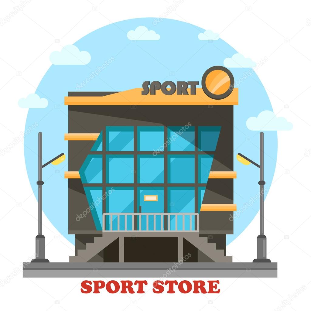 Sport shop or store for equipment or accessories. Facade of building or construction for sportswear cloth or gear, fashion outlet and activity or athletic outfit. Outdoor exterior view
