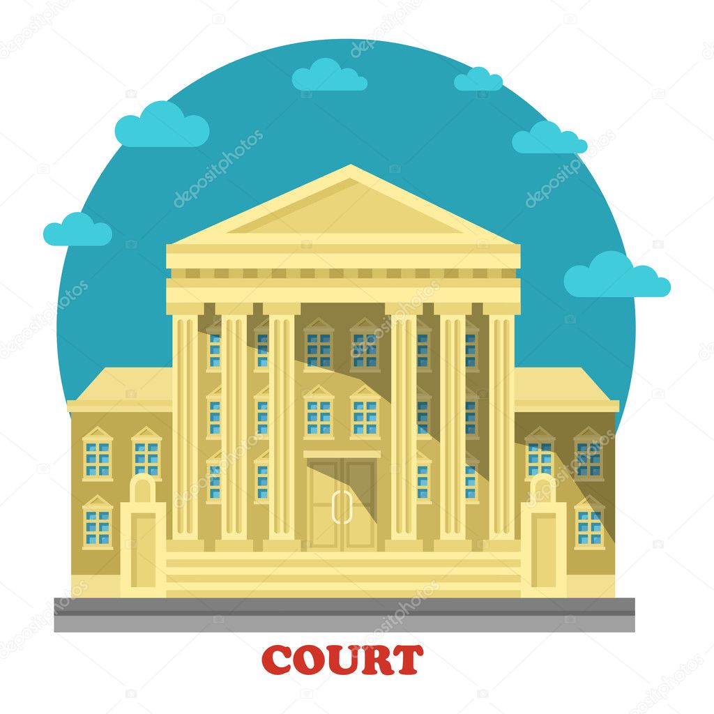 Court or tribunal, courthouse entrance exterior view. Building for justice and civil or common, administrative law, crime punishment and trials. Can be used for government or architecture theme