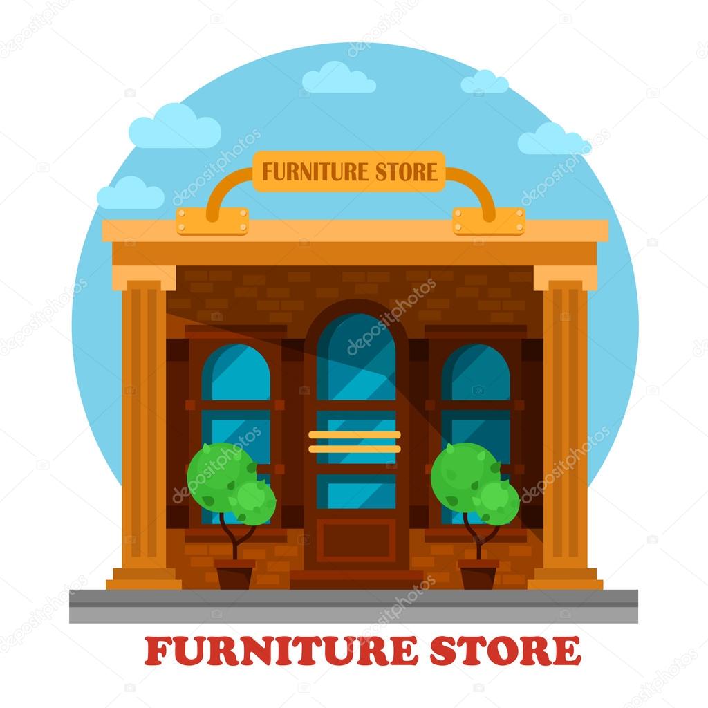 Furniture store or shop building facade architecture. Construction or structure for sale or retail old, modern, wooden sofas or tables, chairs. Great for sightseeing or exterior outdoor panorama view