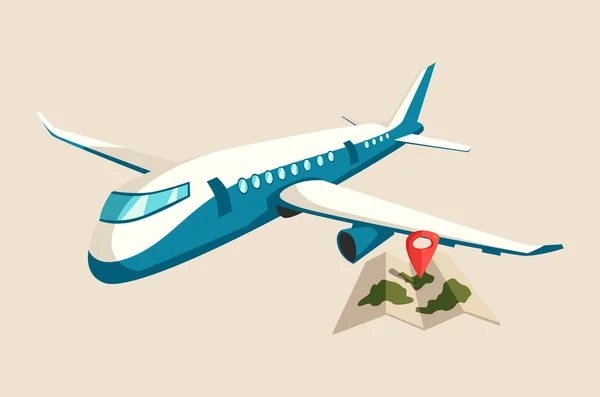 Pesawat atau pesawat di atas peta pulau dengan penanda - Stok Vektor