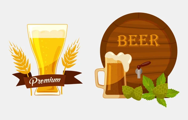 Бочонок или бочонок с пивом и бокалом посуды — стоковый вектор