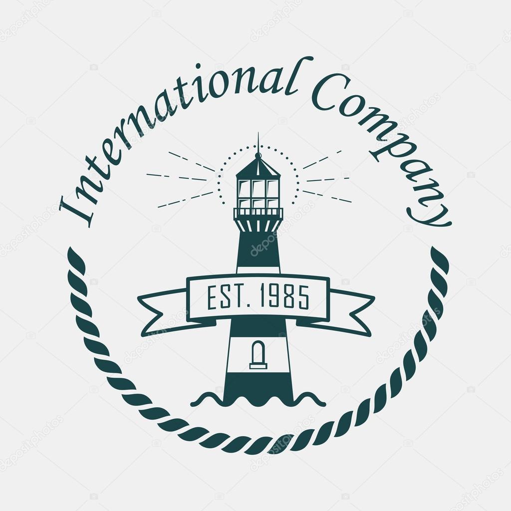 Logotype with lighthouse and rope or sling and international company text above. Navigation beacon sketch. May be used for sailor and travel, reef hazard and nautical banner theme