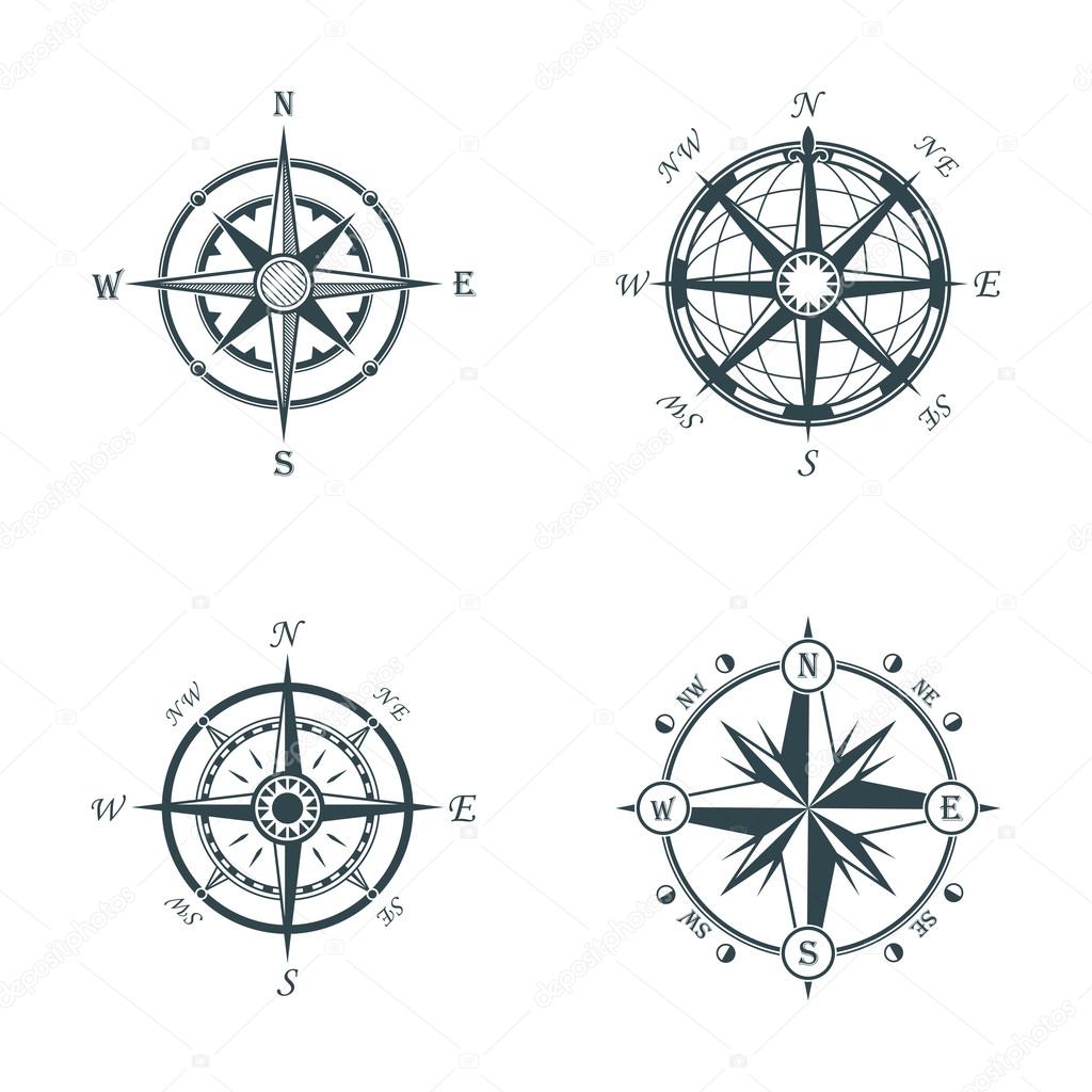 Set of vintage or old different style compasses