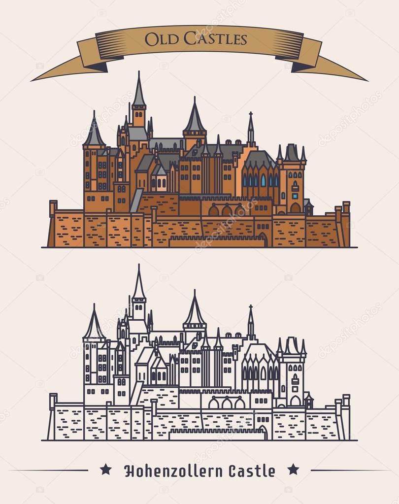 German hohenzollern castle architecture near alps. Family building or medieval construction logo with text on ribbon saying old castle above it. For historical book illustration and stone mansion