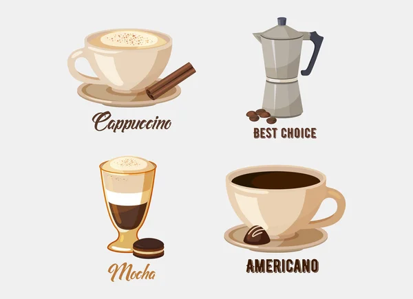 Tasse Cappuccino-Kaffee auf Untertasse und Kaffeekanne oder Wasserkocher, Mokka und American oder Espresso mit Schokolade und Sticks. ideal für Restaurant-Logo oder Café-Werbung, Shop-Banner und Dessert-Thema — Stockvektor