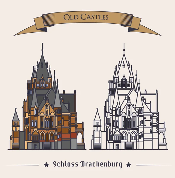 Palazzo del castello di Castello di Drachenburg a Konigswinter. Facciata di costruzione o struttura come simbolo gotico, logo palazzo retrò con vista esterna, vecchio distintivo roccaforte o simbolo. Tema storico — Vettoriale Stock
