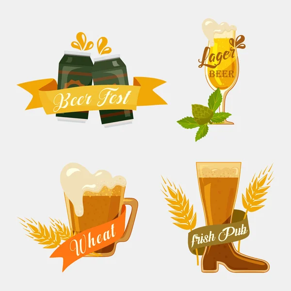 Lattine di birra in metallo e tazze di vetro con schiuma. Bevanda alcolica con nastri per il logo del festival della birra tedesco o banner pub irlandese, distintivo bar inglese o emblema del ristorante — Vettoriale Stock