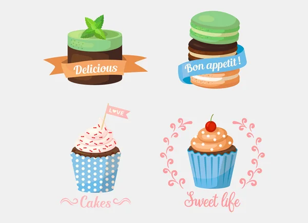 Dessert cake and sweetie cupcakes, pastry with mint leaf on top and ribbons saying delicious and bon apetit, love. Ideal for confectionery logo or bakery banner, celebration emblem — Stock Vector