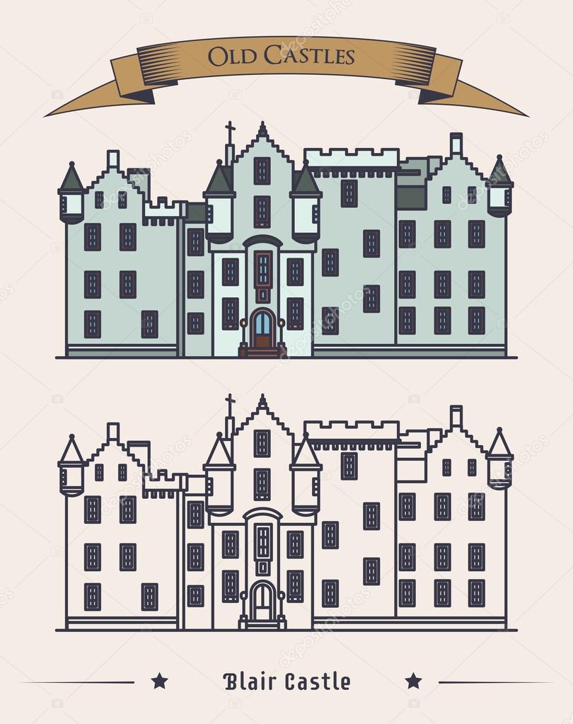 Scotland Blair castle vintage or retro architecture exterior. Construction or structure with citadel, mansion for duke. Perfectly fit for old landmark or heraldic monument, historical britain theme