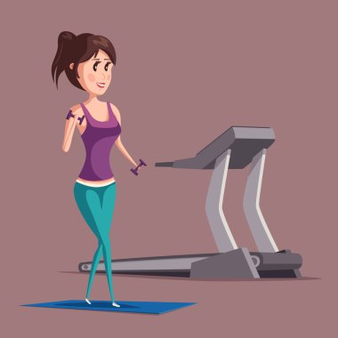 Kadın veya kız koşu bandı yakınındaki ağırlık egzersiz yaparak