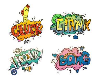 Kabarcıklar comix veya çizgi film, çizgi roman ya da dergi için seslerin. Onomatopoeia gibi clank mekanik gürültüyle çarpmak ya da ezmek, horoz veya horoz için der, boynuz, klakson, bang bomba patlama için hoonk için