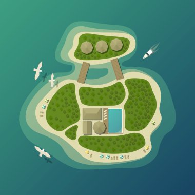 Kum plaj ve havuz, orman ya da ahşap, tekne veya yat, gemi ile bungalow şemsiye ile üstten görünüm tropik ada veya Adası. Tatil logo veya seyahat acentası afiş veya üye, turizm rozet için kullanılabilir