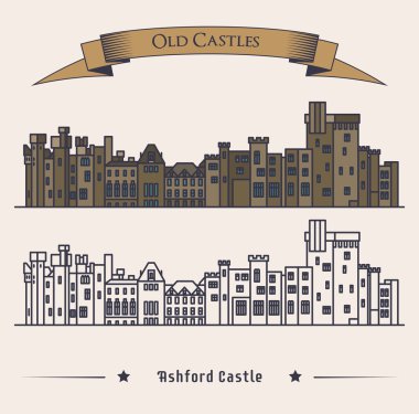 Victoria İrlandalı dış görünümü castle. Lüks otel veya Simgesel Yapı, retro veya eski mimari dış görünümü, vintage Ortaçağ cephe bina. Tarihi Kitap Illustration veya hanedan kale rozeti için