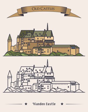 Üstüne kurdele ile Lüksemburg Vianden eski kale Dağı'nda. Romanesk ve Rönesans mimarisinin kale veya Sarayı. Bina dış cephe veya açık görünümü. Ortaçağ Tarihi Kitap Illustration