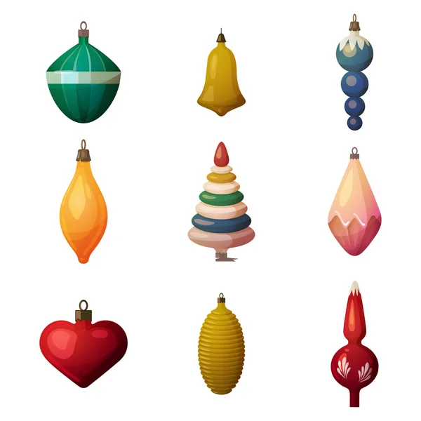 2017 boules de décoration de sapin et ornement bokeh. Nouvel an et joyeux Noël ou Noël verrerie arbre coeur et cloche, décorations de cône. Idéal pour carte postale de voeux et affiche de célébration — Image vectorielle