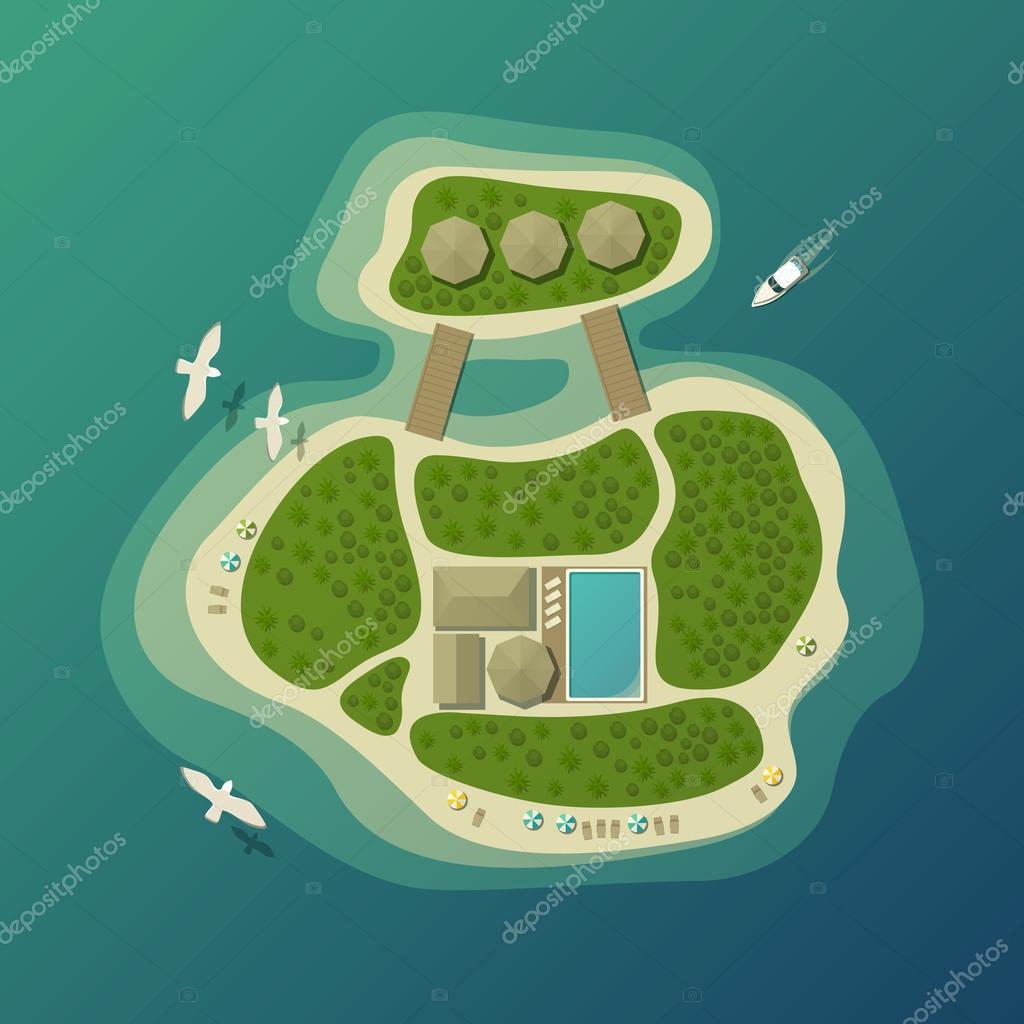 Top view on tropical island or isle with umbrella on sand beach and bungalow with pool, forest or wood, boat or yacht, ship. Can be used for vacation logo or travel agency banner or sign,tourism badge