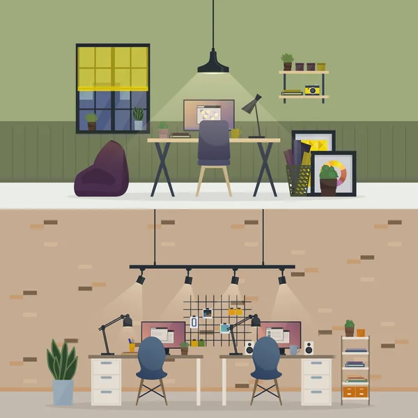 地下室办公室、 公寓或房间工作区内部 — 图库矢量图片