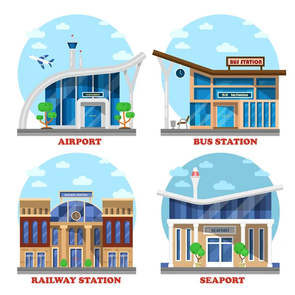 Аеропорт і вокзал, морський порт, автобус — стоковий вектор
