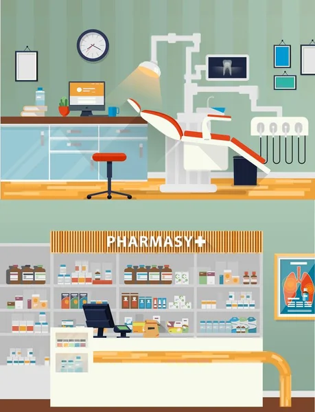 Salle dentaire et pharmacie boutique ou magasin . — Image vectorielle